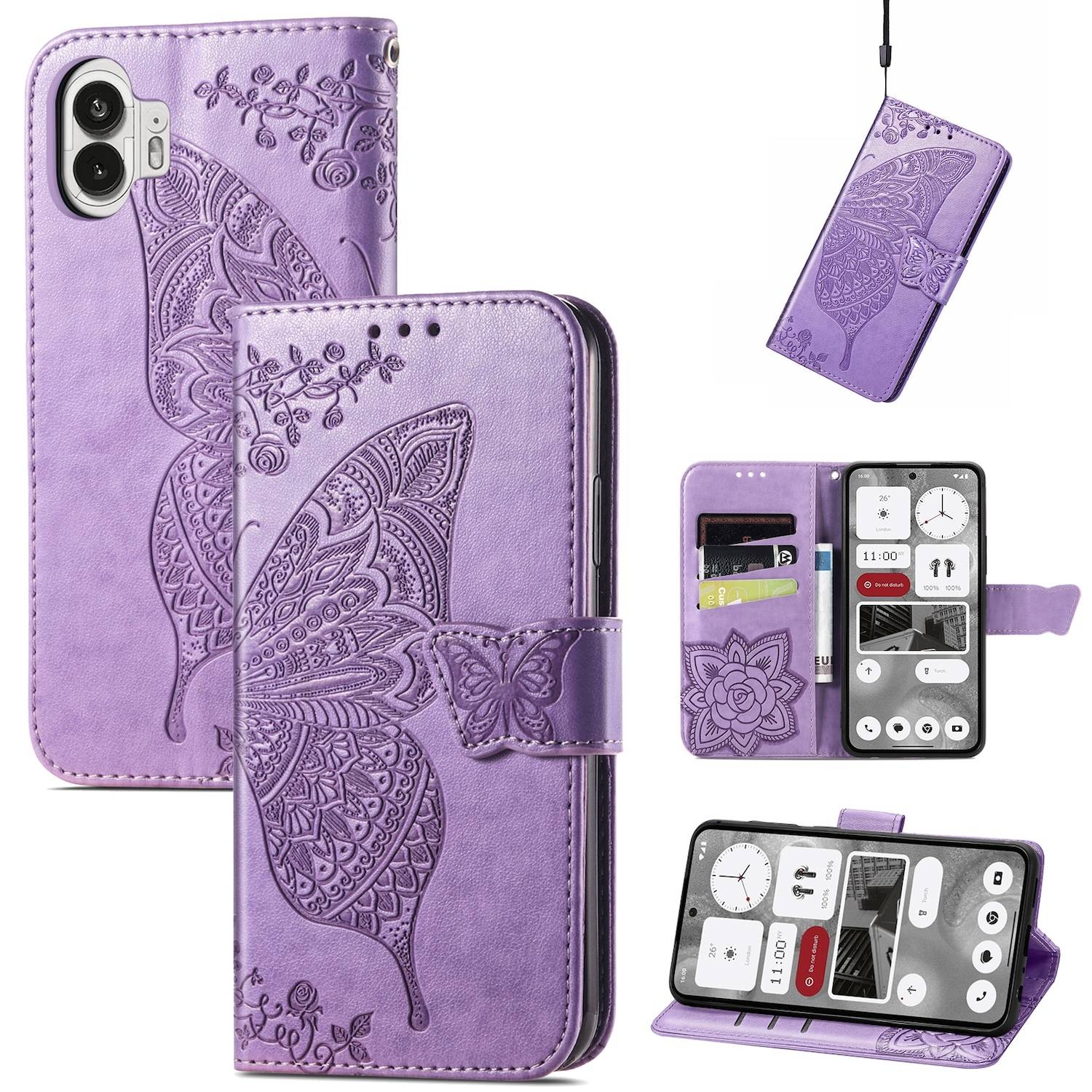 Für Nothing Phone 2 Kunstleder Wallet Handy Tasche Schmetterling Design Hülle Etuis Hell-Lila
