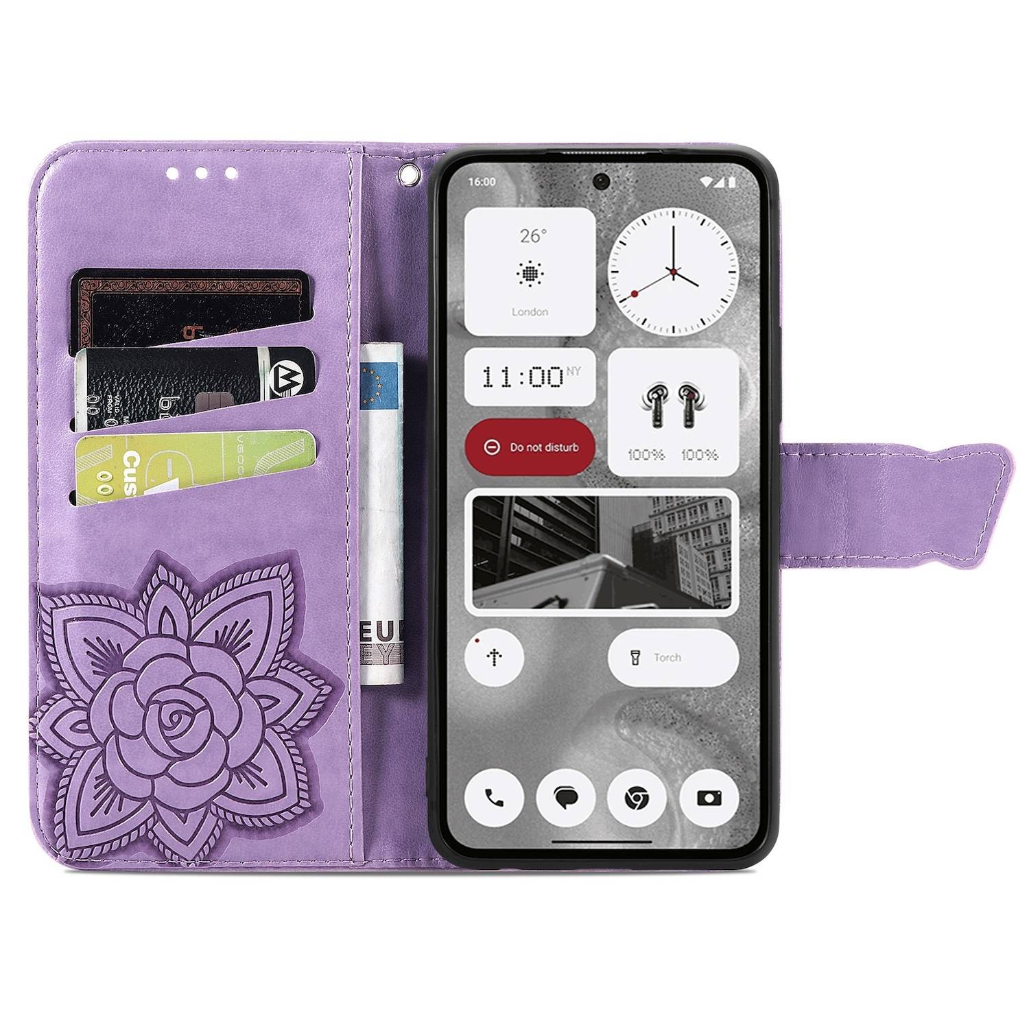 Für Nothing Phone 2 Kunstleder Wallet Handy Tasche Schmetterling Design Hülle Etuis Hell-Lila