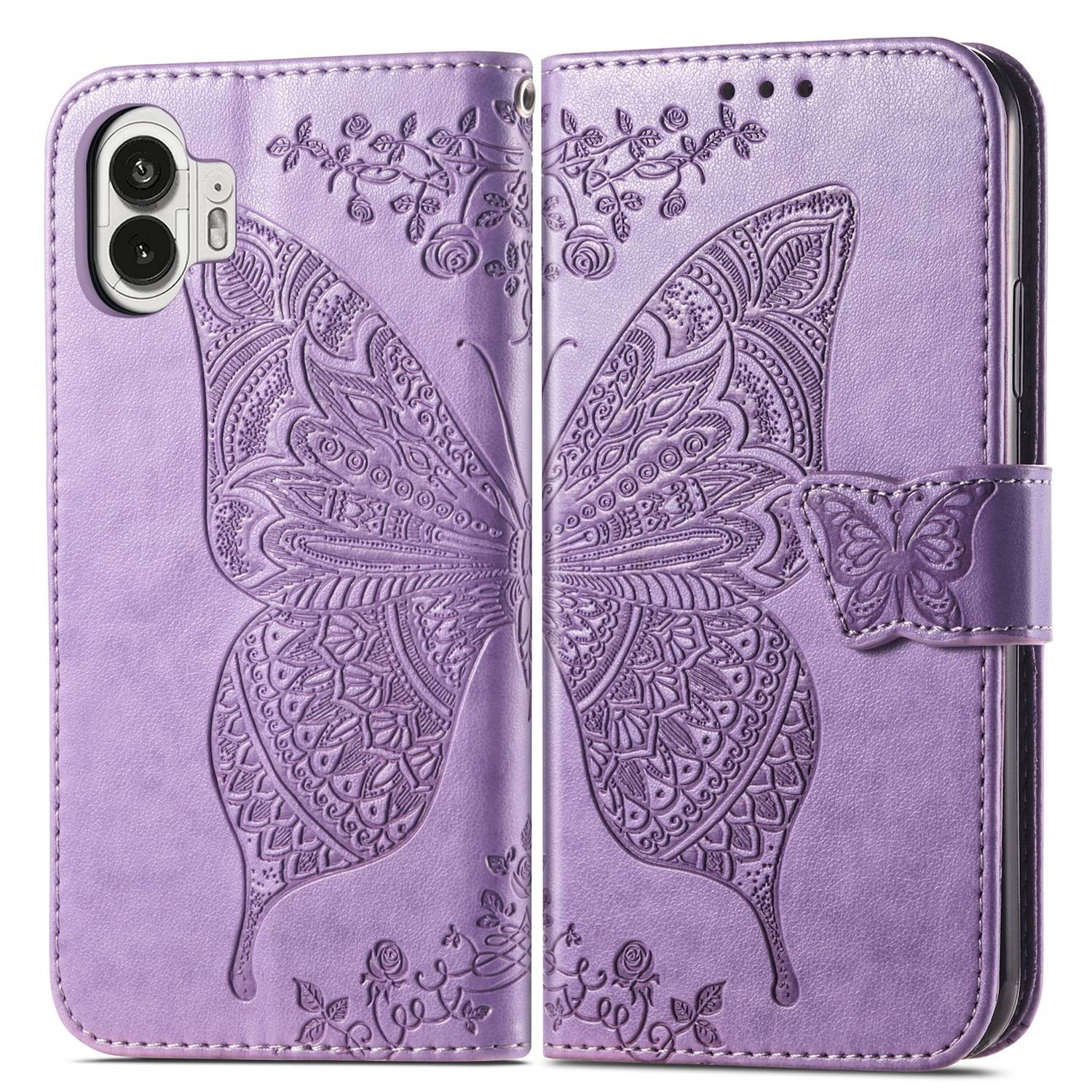 Für Nothing Phone 2 Kunstleder Wallet Handy Tasche Schmetterling Design Hülle Etuis Hell-Lila