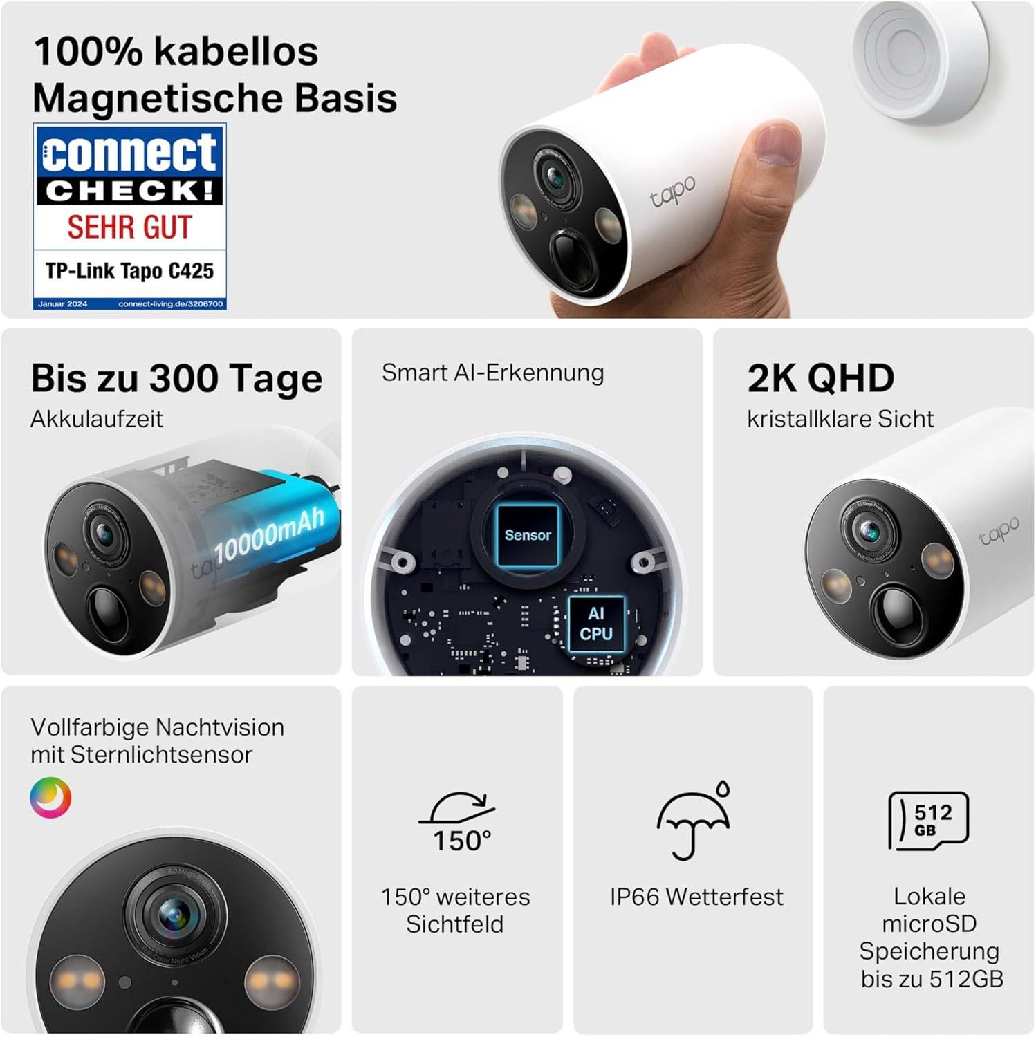 TP-Link Tapo C425 Außenkamera Akku mit Magnetischer Basis, 2K Akku