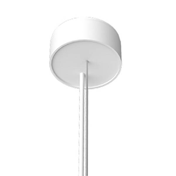 Eine weiße zylindrische Deckenleuchte ist an der Decke montiert und hat eine gerade Stange, die nach unten verläuft.