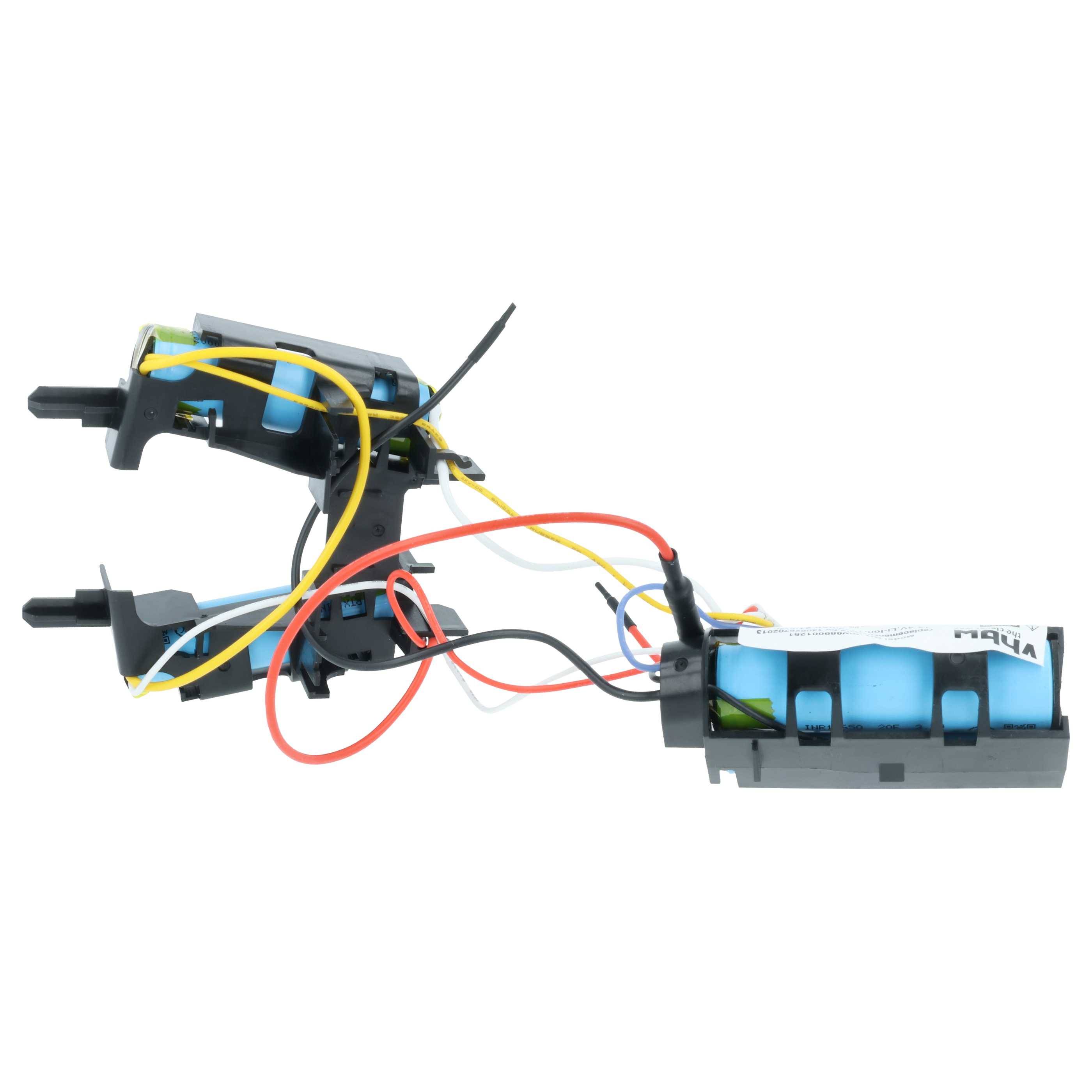Eine demontierte elektronische Komponente mit sichtbaren blauen Batterien, roten und gelben Kabeln und einem schwarzen Kunststoffrahmen, die in kleinen Geräten verwendet wird.