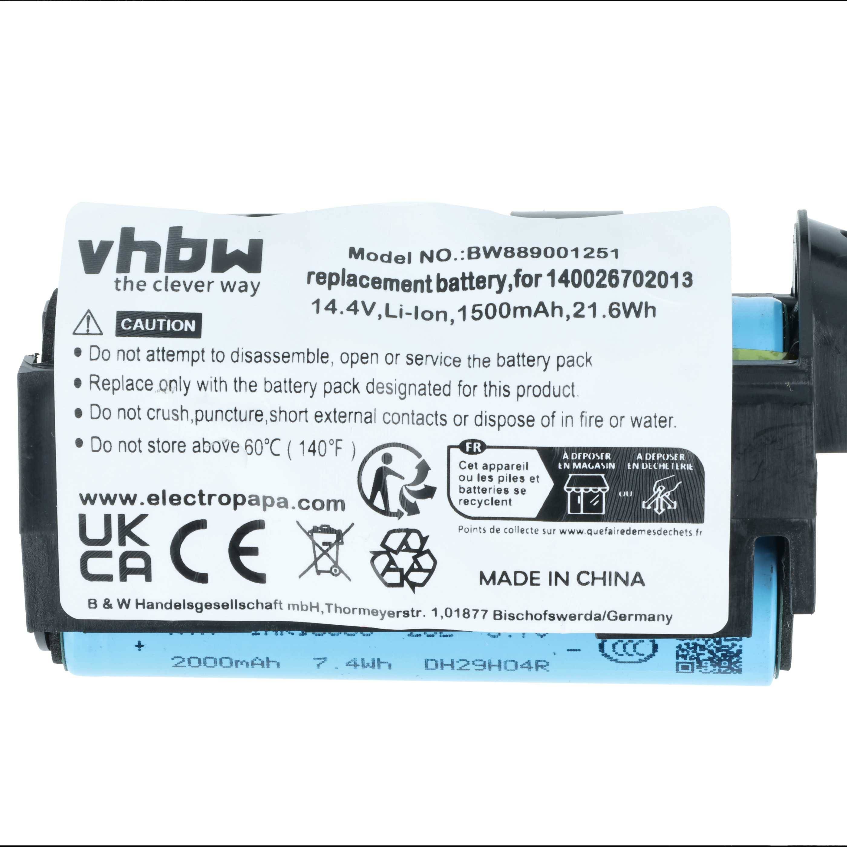 Bild einer vhbw Ersatzbatterie, 2000mAh, 14,4V, Li-Ion. Warnhinweise umfassen Vermeidung von Schäden und sachgemäße Verwendung. Hergestellt in China.