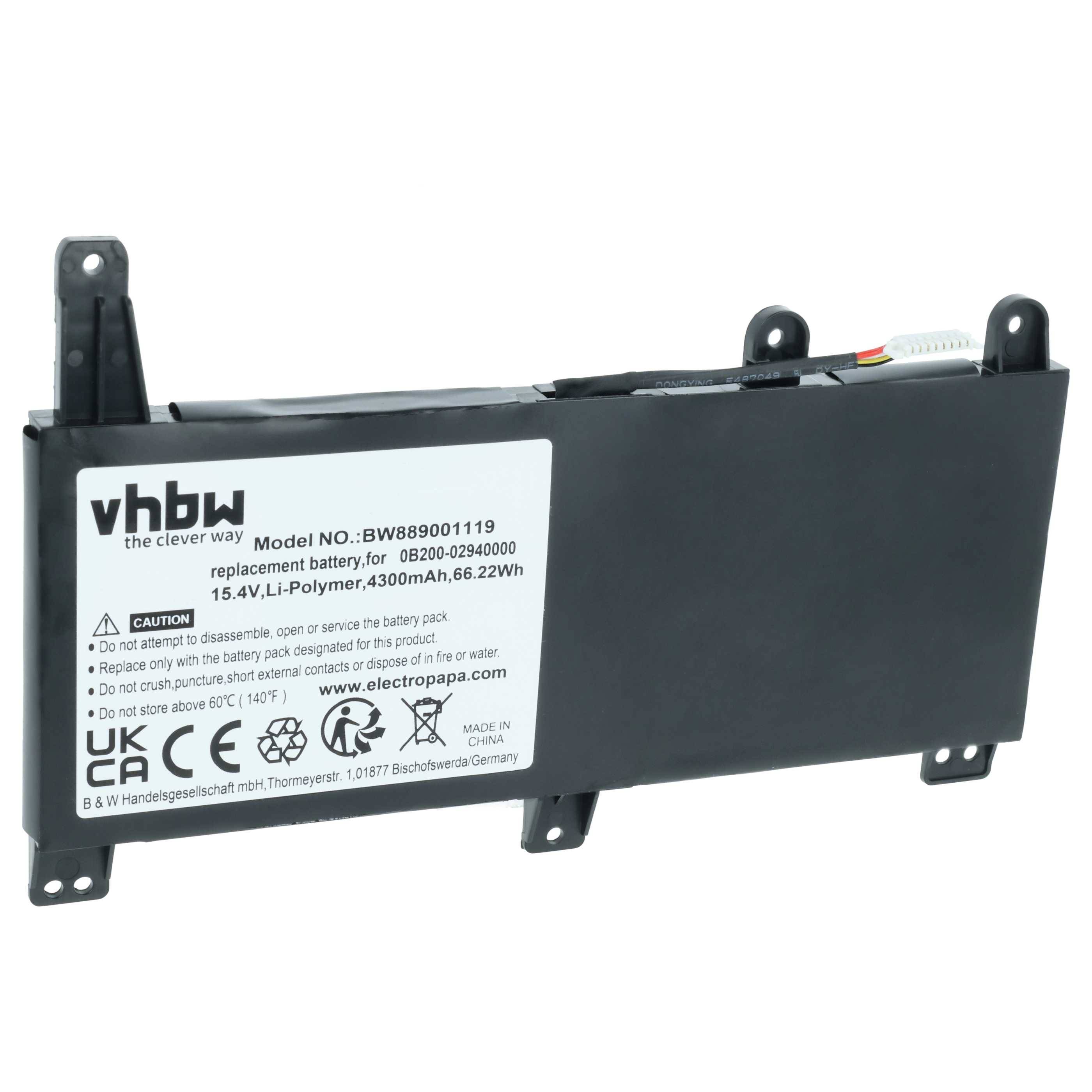 vhbw Akku Ersatz für Asus 4ICP5/70/81, C41N1731-2, CA436981G, C41PNJ5, C41POJ5 für Notebook (4300 mAh, 15,4 V, Li-Polymer)