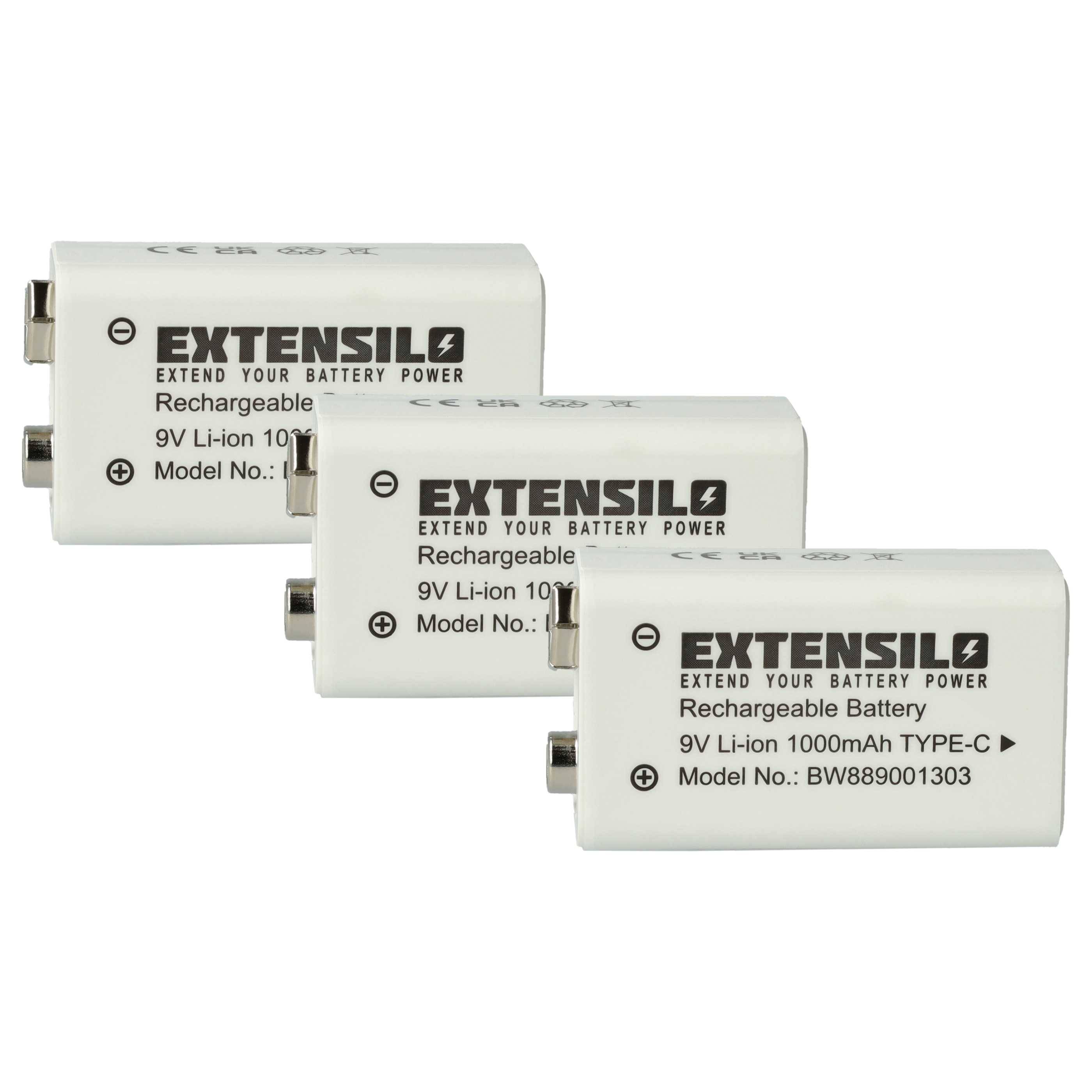 Drei EXTENSIL aufladbare 9V-Lithium-Ionen-Batterien, übereinander gestapelt auf weißem Hintergrund, mit den Beschriftungen „EXTEND YOUR BATTERY POWER