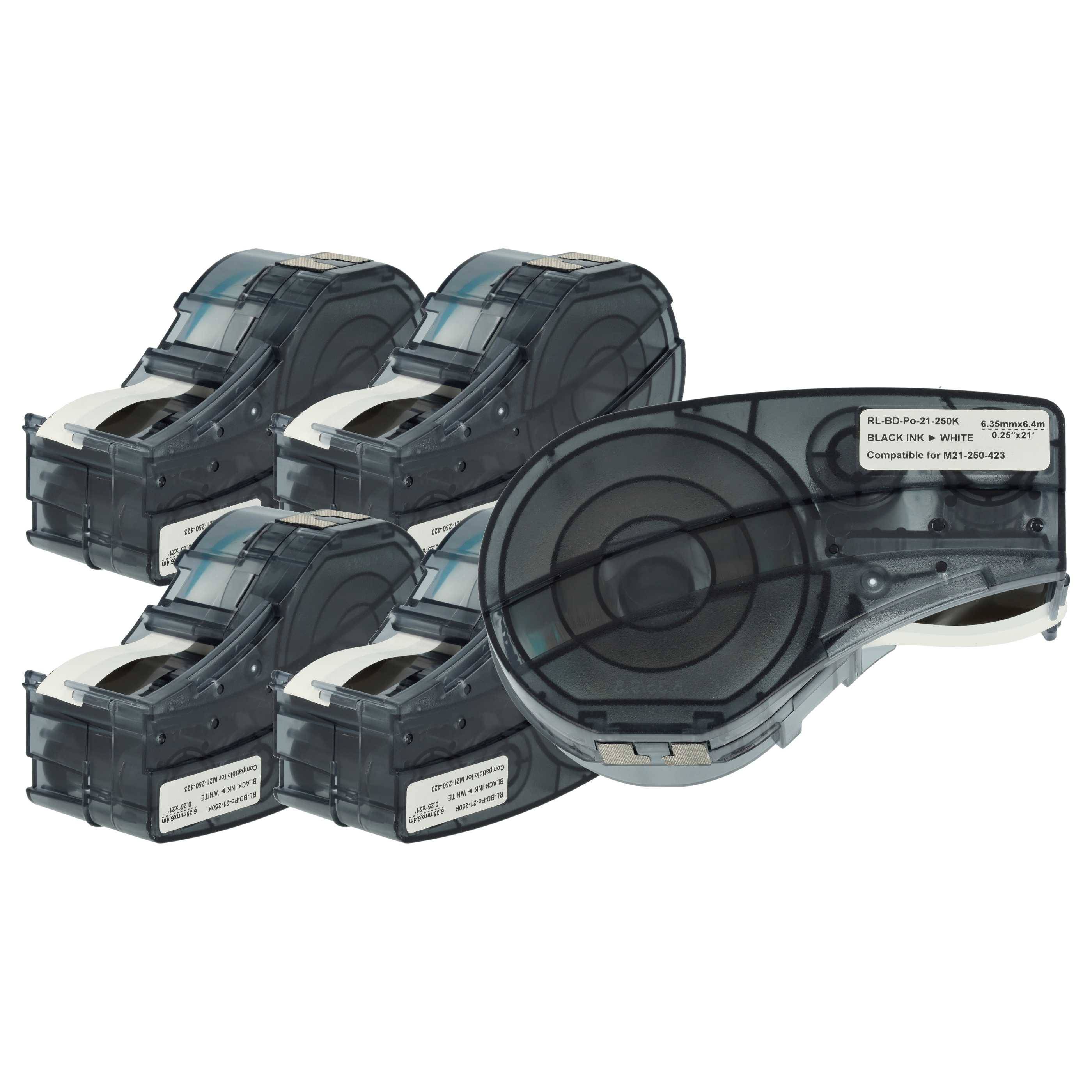 vhbw 5x Schriftband-Kassette kompatibel mit Brady M210, M210-LAB, M211 Etiketten-Drucker 6,35mm Schwarz auf Weiß, Polyester