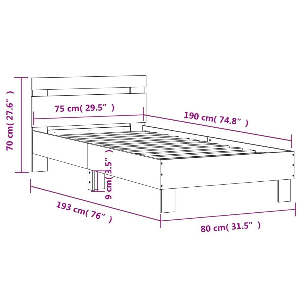 vidaXL Bettgestell mit Kopfteil und LED-Leuchten Räuchereiche 75x190cm