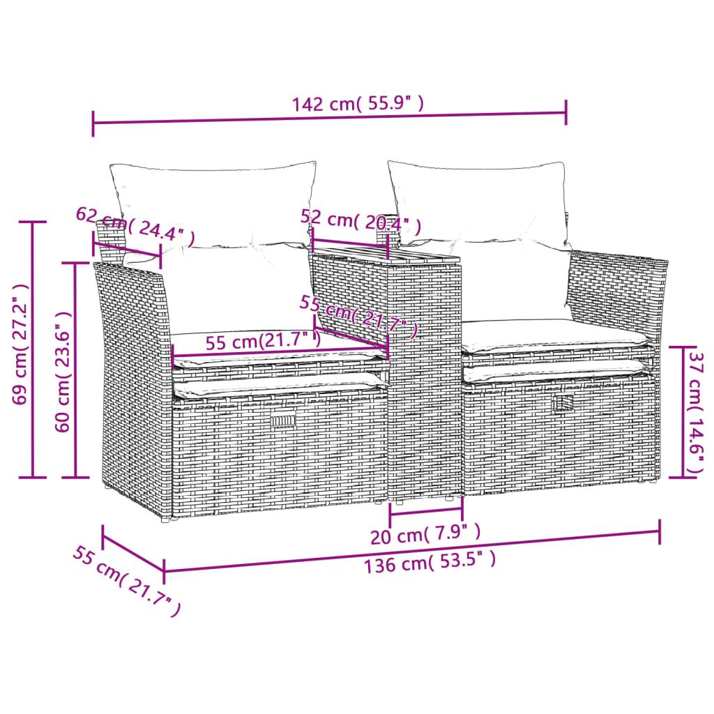 vidaXL Gartensofa 2-Sitzer mit Hockern Schwarz Poly Rattan