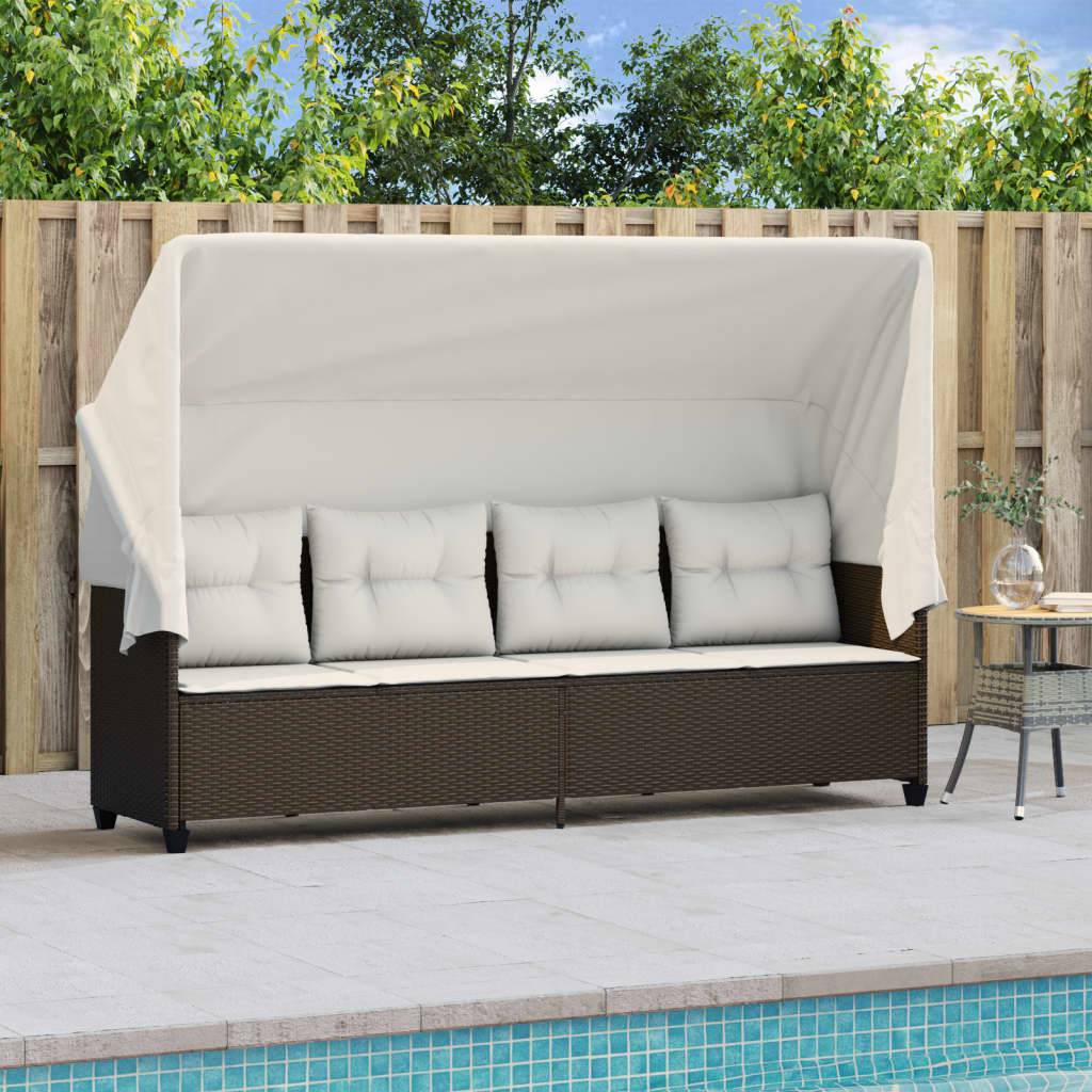 vidaXL Sonnenliege mit Dach und Kissen Braun Poly Rattan