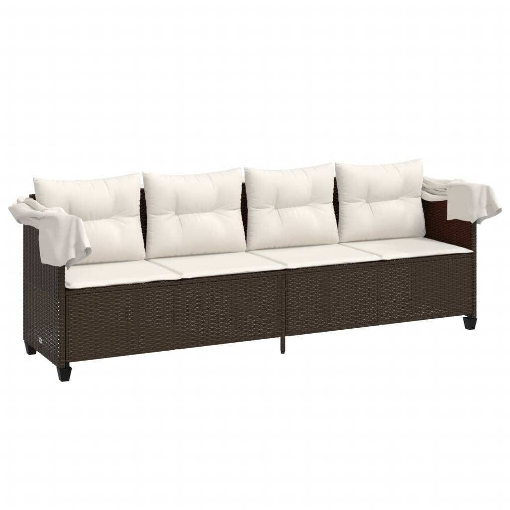 vidaXL Sonnenliege mit Dach und Kissen Braun Poly Rattan
