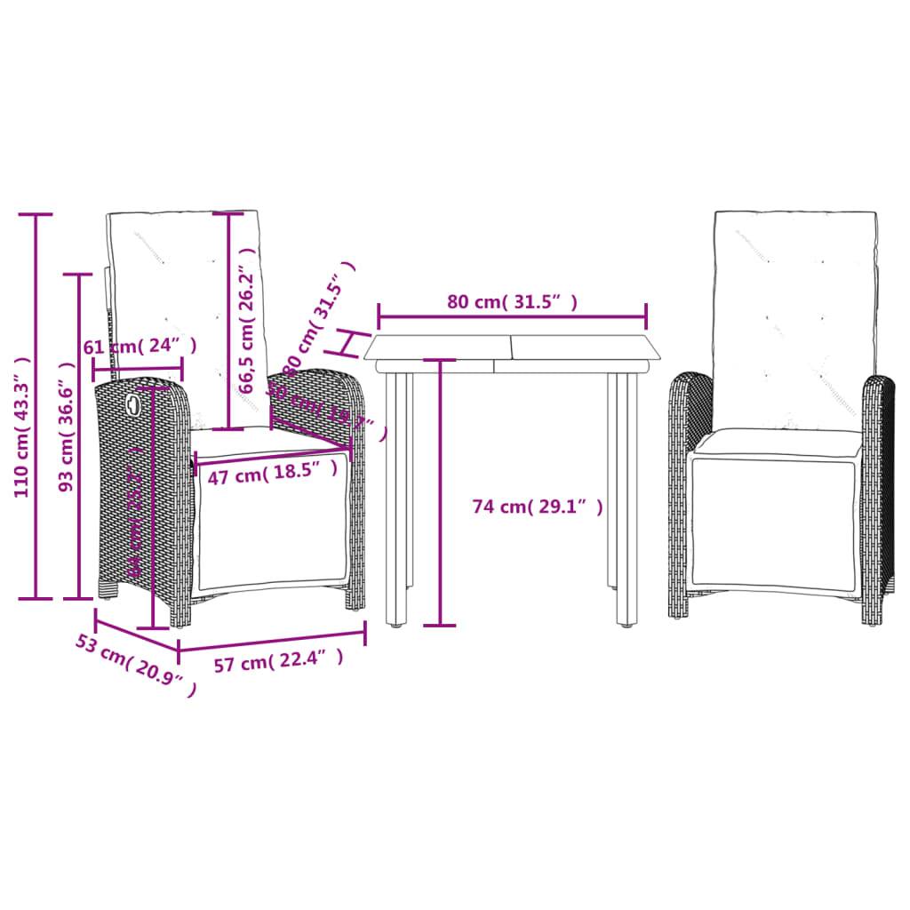 vidaXL 3-tlg. Bistro-Set mit Kissen Hellgrau Poly Rattan
