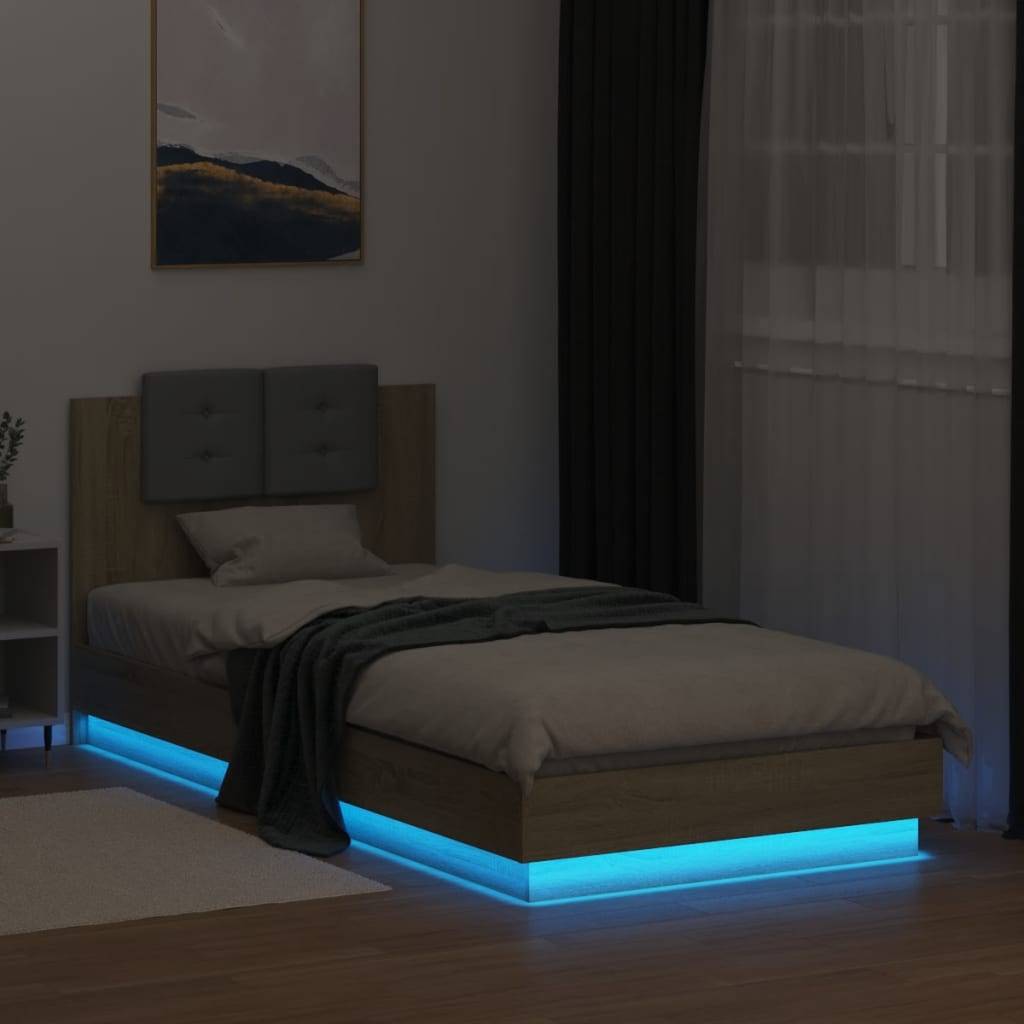 vidaXL Bettgestell mit Kopfteil & LED-Leuchten Sonoma-Eiche 100x200 cm