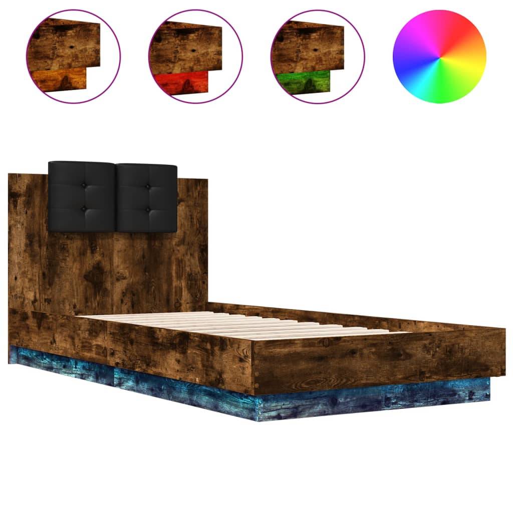 vidaXL Bettgestell mit Kopfteil und LED-Leuchten Räuchereiche 75x190cm
