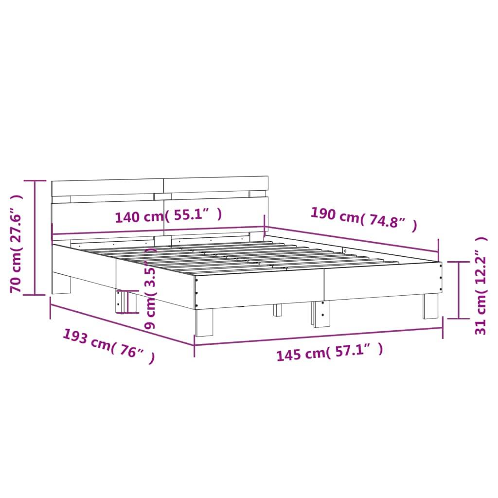vidaXL Bettgestell mit Kopfteil Grau Sonoma 140x190 cm Holzwerkstoff