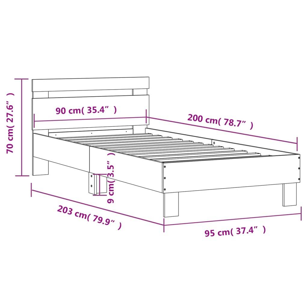 vidaXL Bettgestell mit Kopfteil Grau Sonoma 90x200 cm Holzwerkstoff