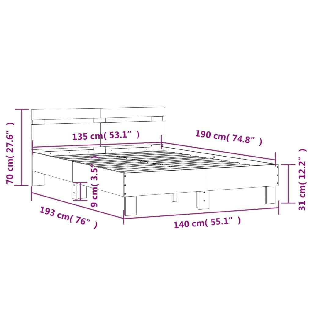 vidaXL Bettgestell mit Kopfteil LED-Beleuchtung Grau Sonoma 135x190 cm