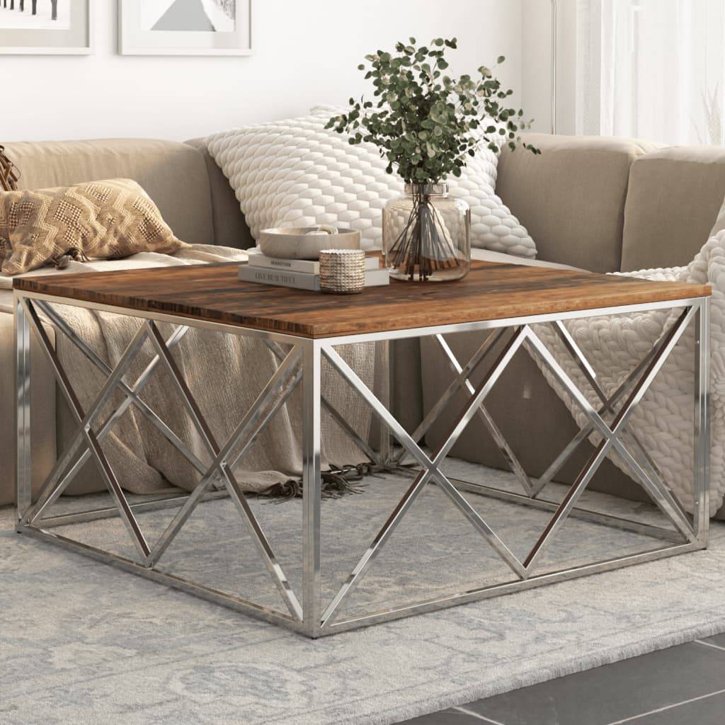 vidaXL Couchtisch Silbern Edelstahl und Massivholz