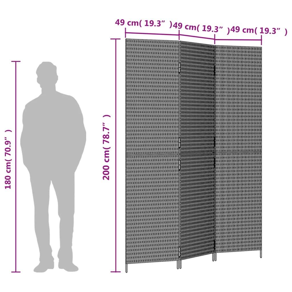 vidaXL Paravent 3-tlg. Schwarz Poly Rattan