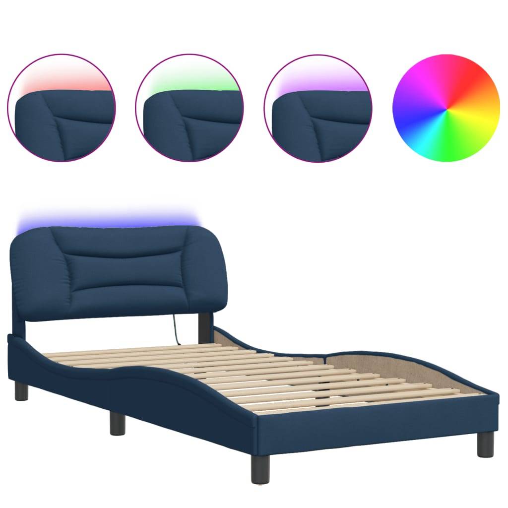 vidaXL Bettgestell mit LED ohne Matratze "Hvar" Blau 100x200 cm Stoff