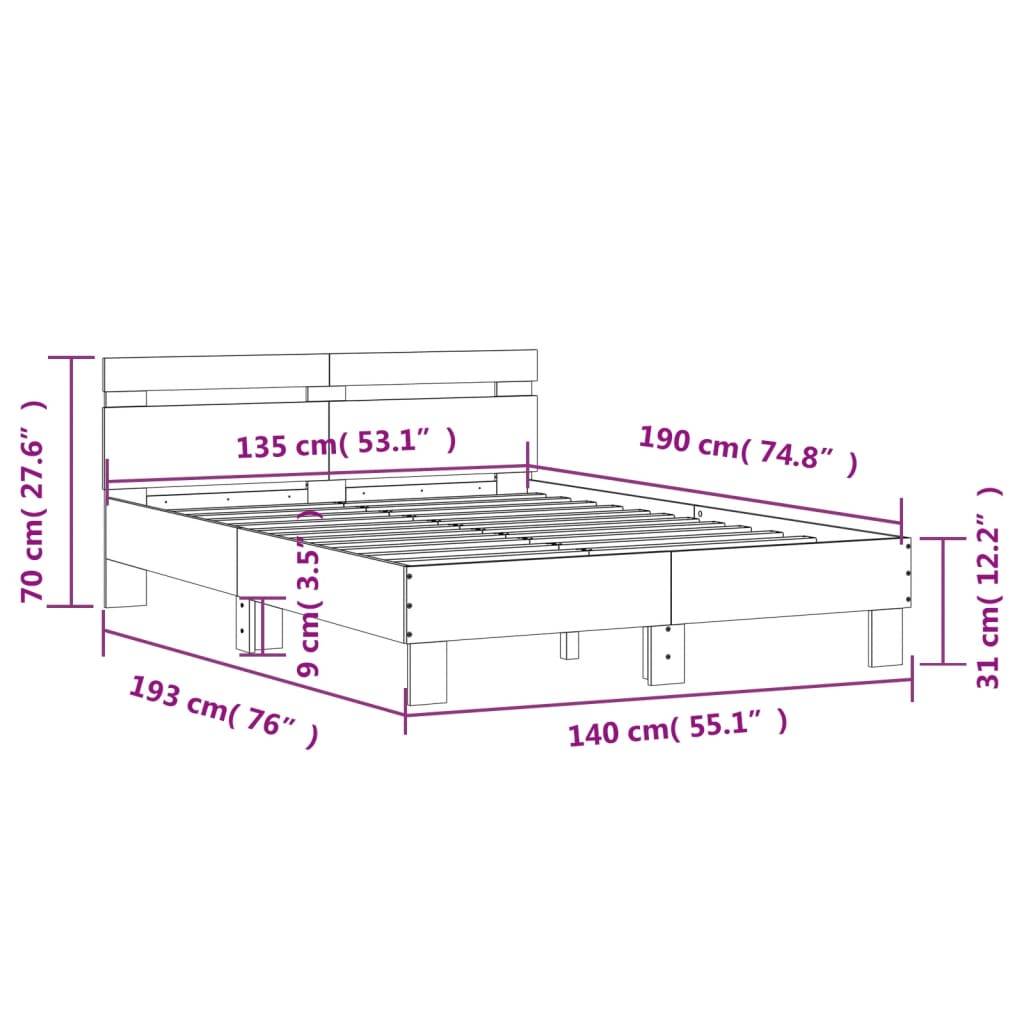 vidaXL Bettgestell mit Kopfteil LED-Beleuchtung Grau Sonoma 135x190 cm