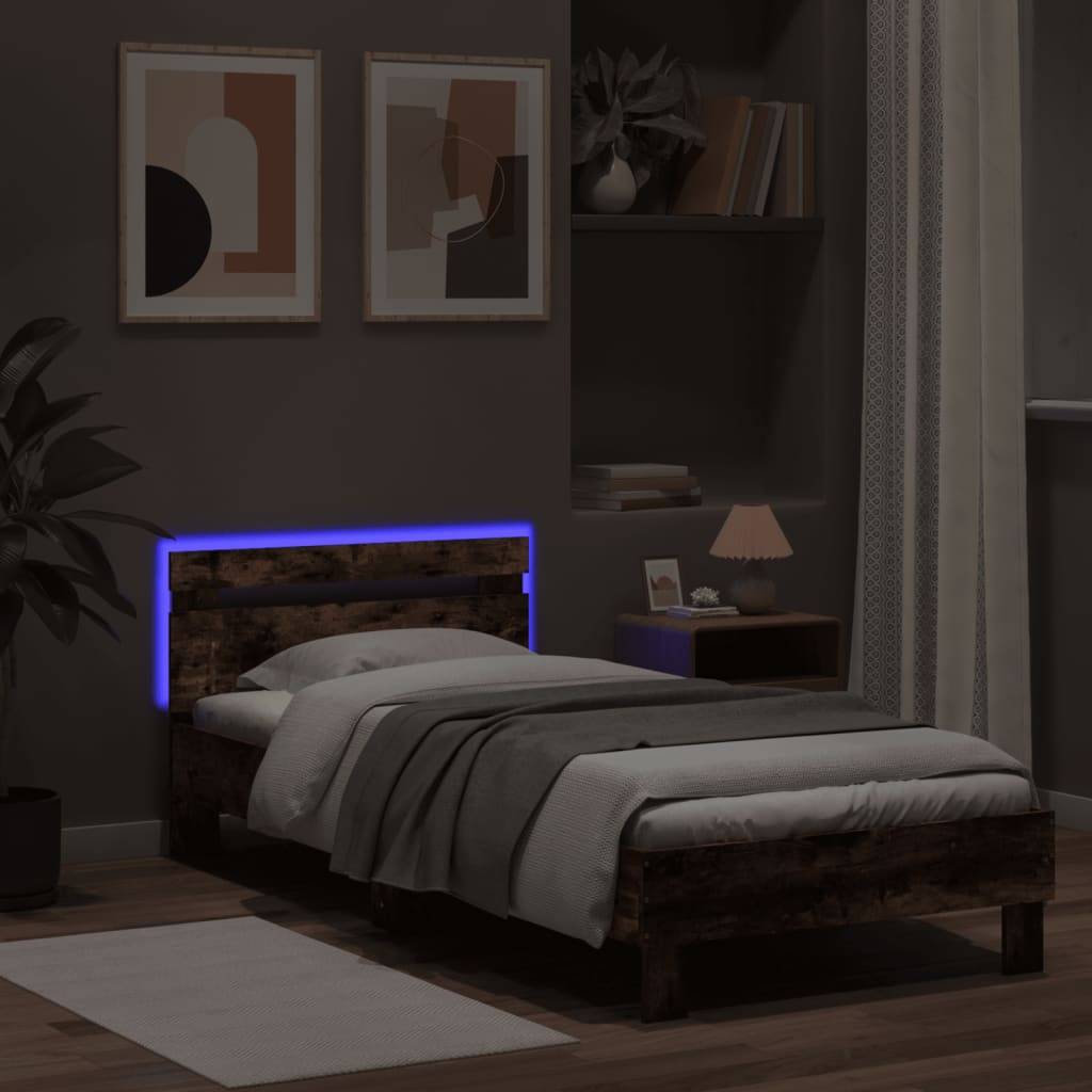 vidaXL Bettgestell mit Kopfteil und LED-Leuchten Räuchereiche 75x190cm