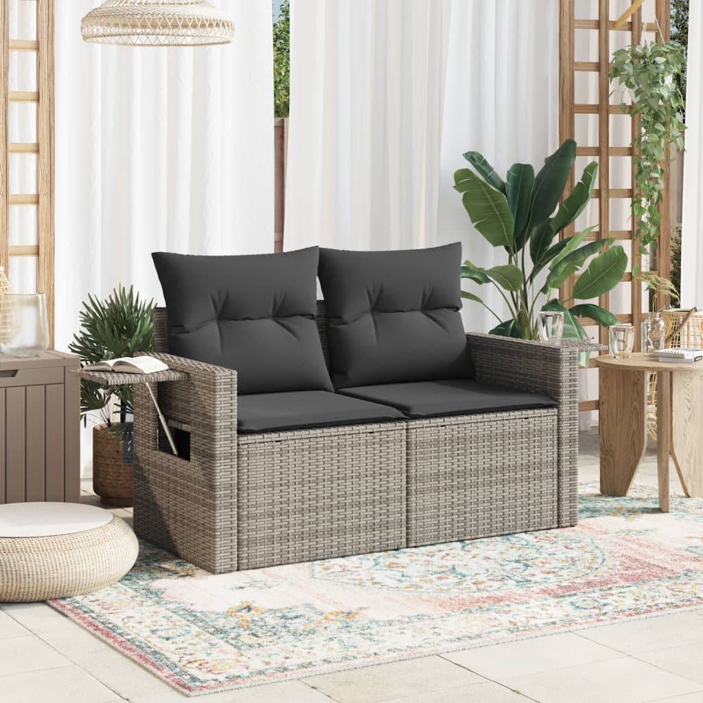 vidaXL Gartensofa 2-Sitzer mit Kissen Grau Poly Rattan