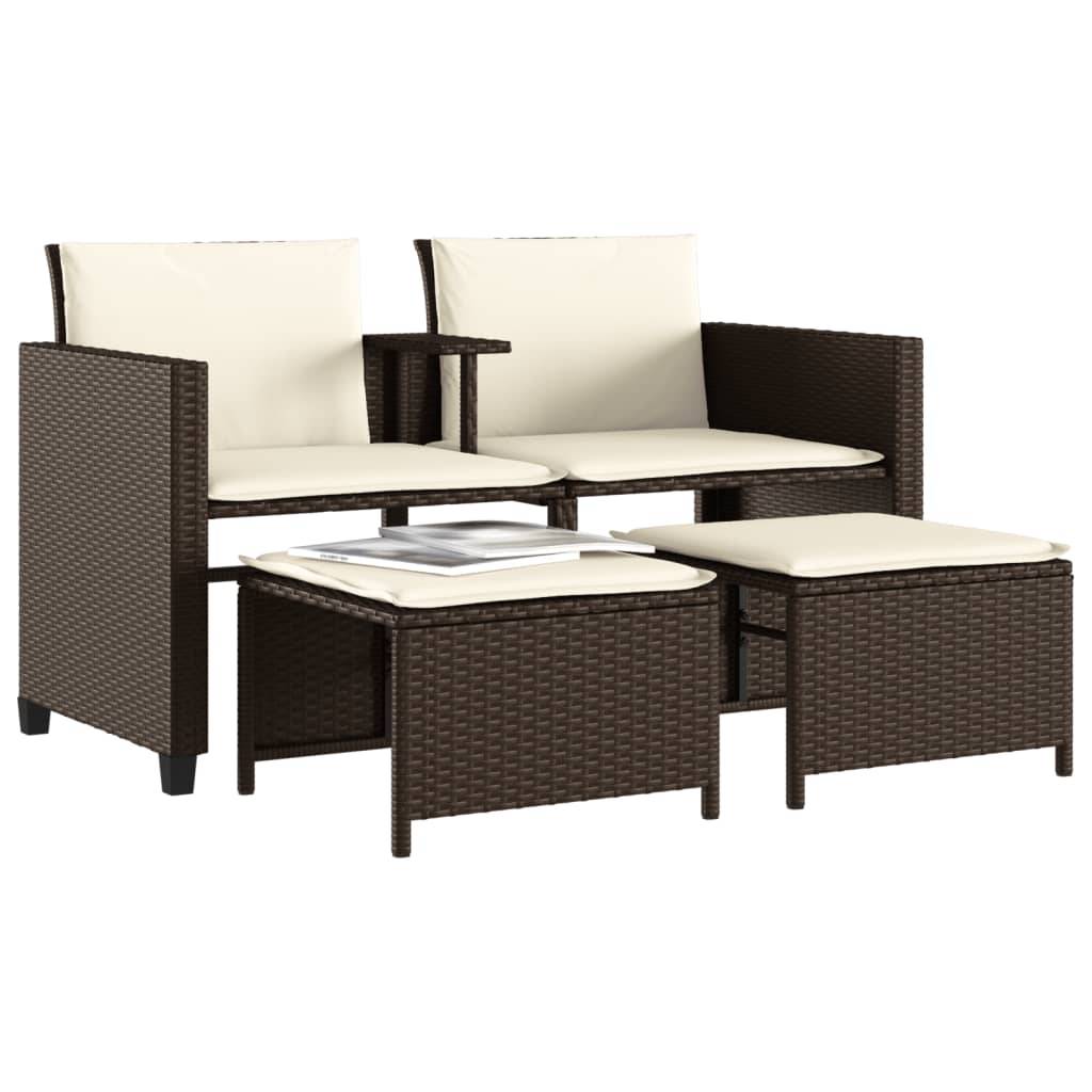 vidaXL Gartensofa 2-Sitzer mit Tisch und Hockern Braun Poly Rattan