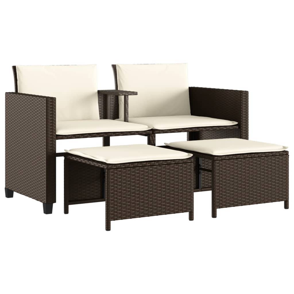 vidaXL Gartensofa 2-Sitzer mit Tisch und Hockern Braun Poly Rattan