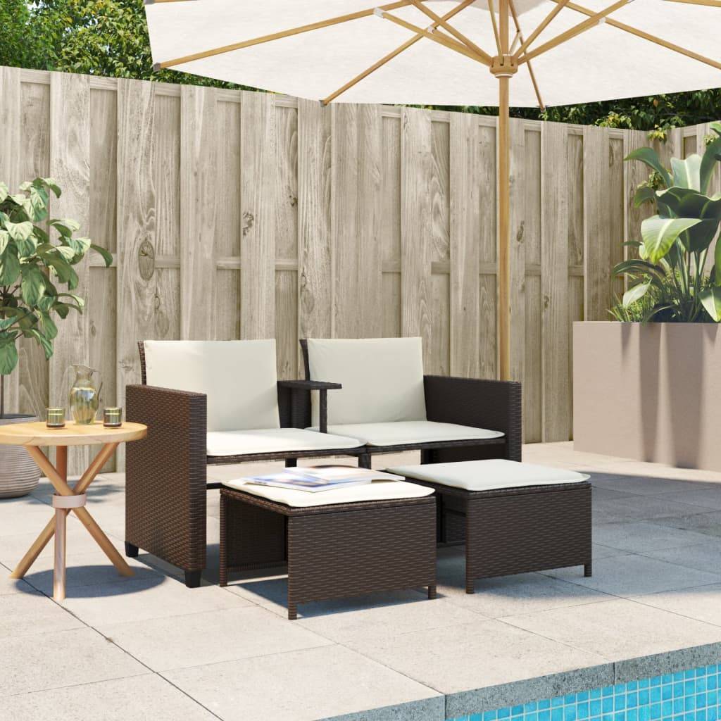 vidaXL Gartensofa 2-Sitzer mit Tisch und Hockern Braun Poly Rattan