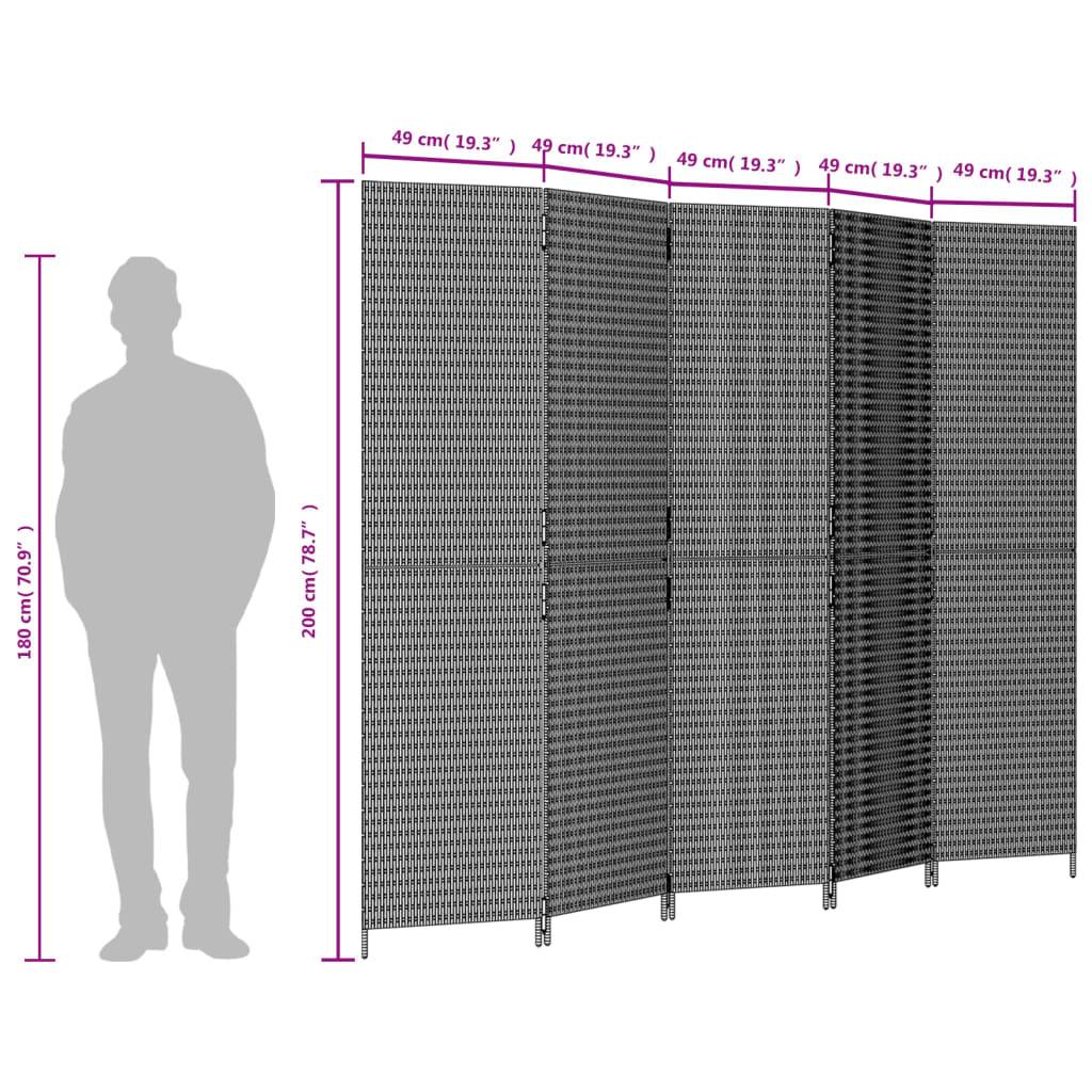 vidaXL Paravent 5-tlg. Schwarz Poly Rattan