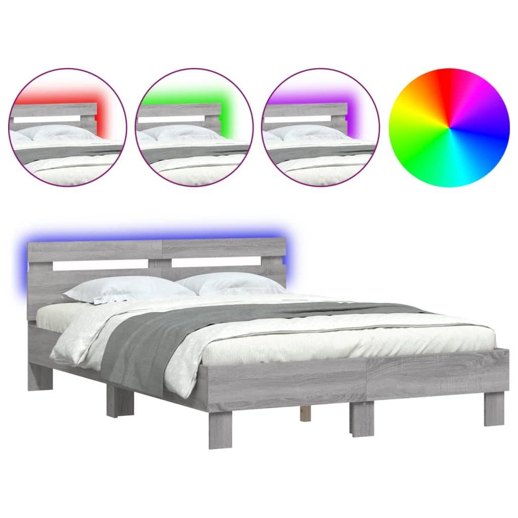 vidaXL Bettgestell mit Kopfteil LED-Beleuchtung Grau Sonoma 135x190 cm