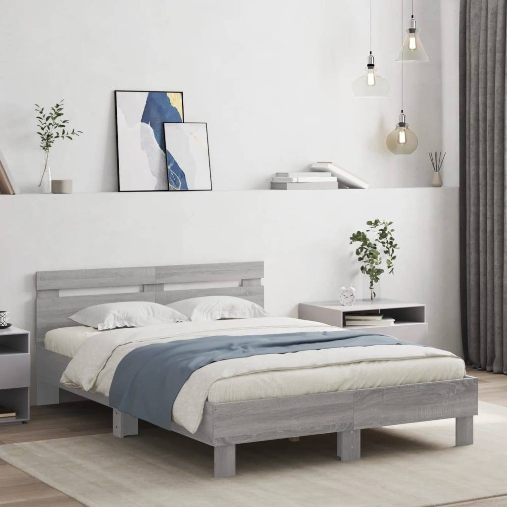 vidaXL Bettgestell mit Kopfteil LED-Beleuchtung Grau Sonoma 135x190 cm