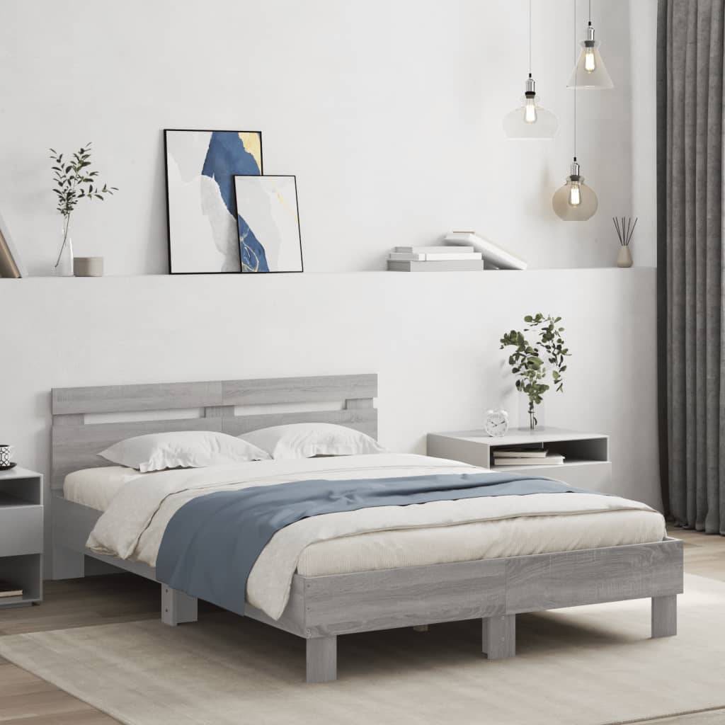 vidaXL Bettgestell mit Kopfteil LED-Beleuchtung Grau Sonoma 135x190 cm