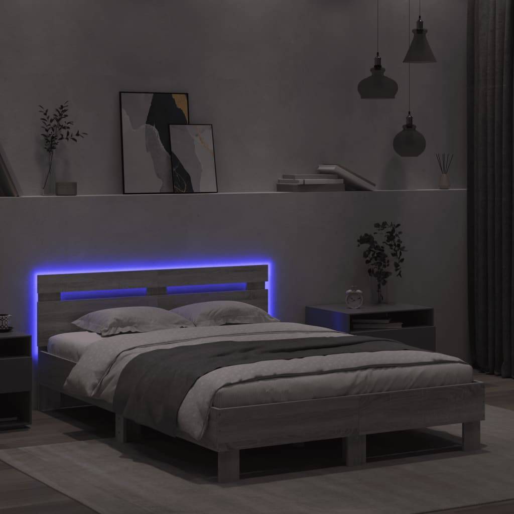 vidaXL Bettgestell mit Kopfteil LED-Beleuchtung Grau Sonoma 135x190 cm