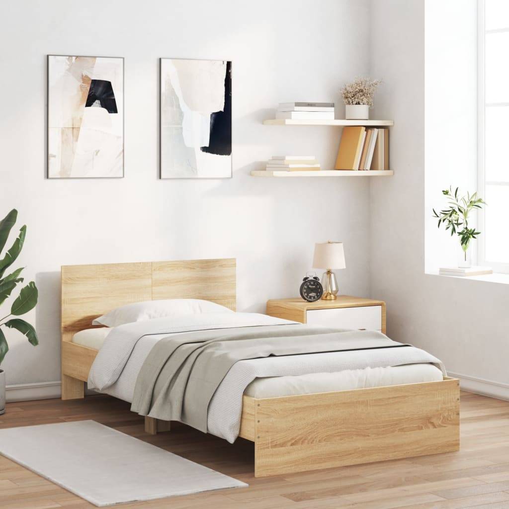 vidaXL Bettgestell mit Kopfteil & LED-Leuchten Sonoma-Eiche 100x200 cm