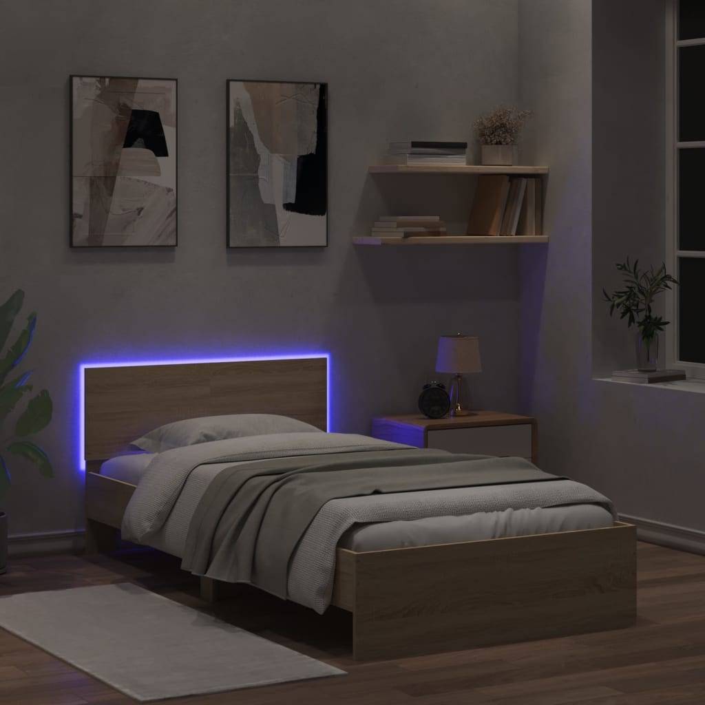 vidaXL Bettgestell mit Kopfteil & LED-Leuchten Sonoma-Eiche 100x200 cm