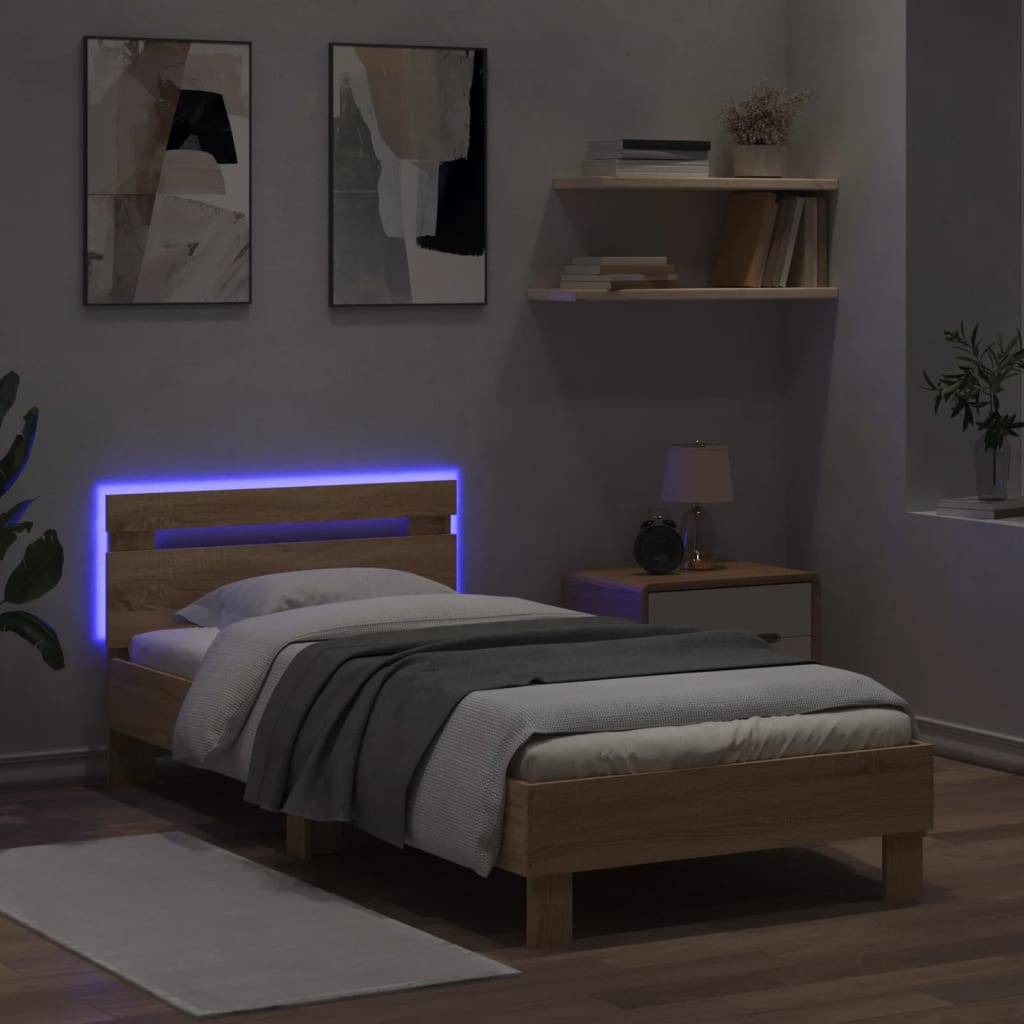vidaXL Bettgestell mit Kopfteil und LED-Leuchten Sonoma-Eiche 90x190cm