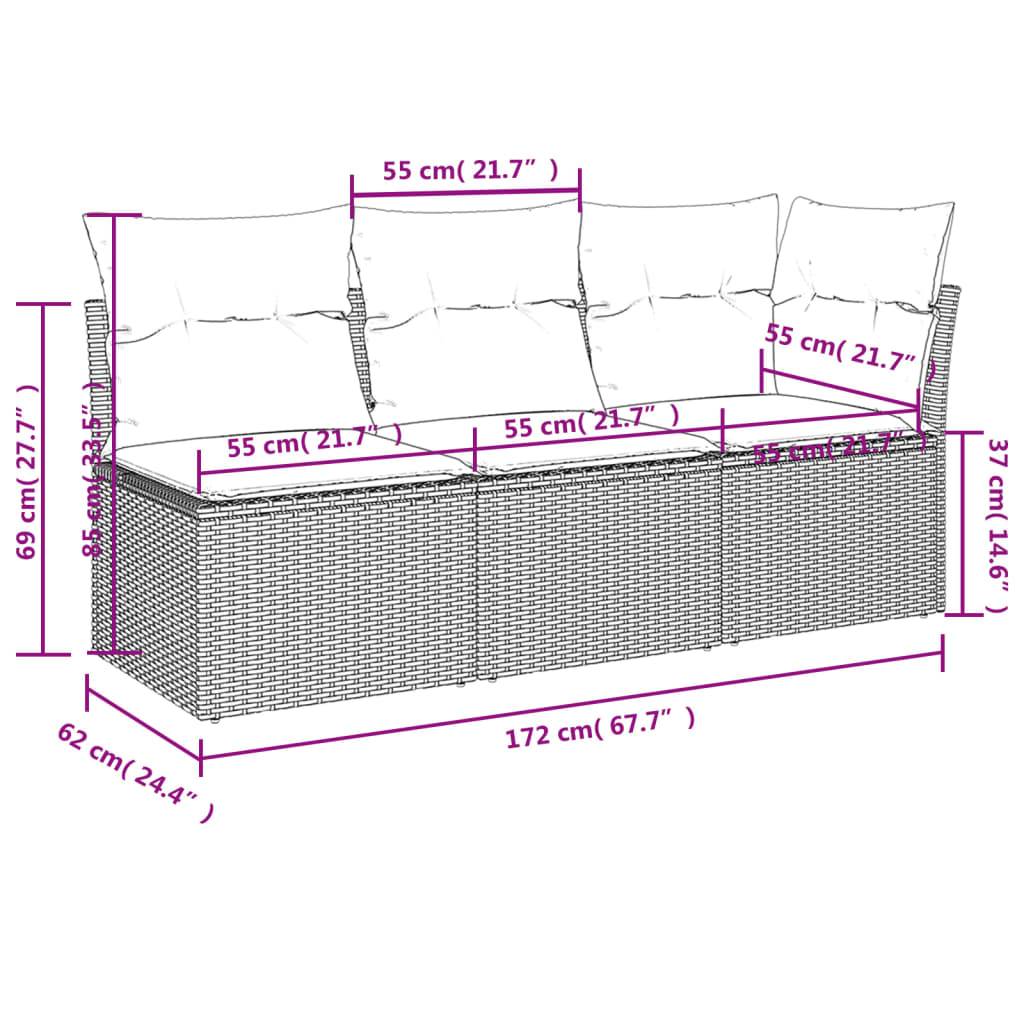 vidaXL Gartensofa mit Kissen 3-Sitzer Grau Poly Rattan