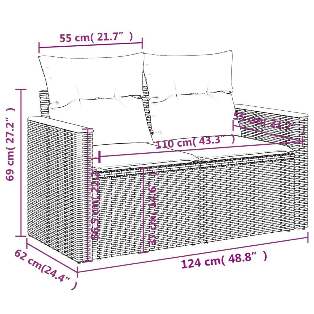 vidaXL Gartensofa mit Kissen 2-Sitzer Beige Poly Rattan