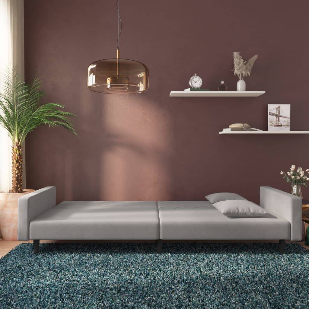 vidaXL Schlafsofa 2-Sitzer mit 2 Kissen Hellgrau Samt