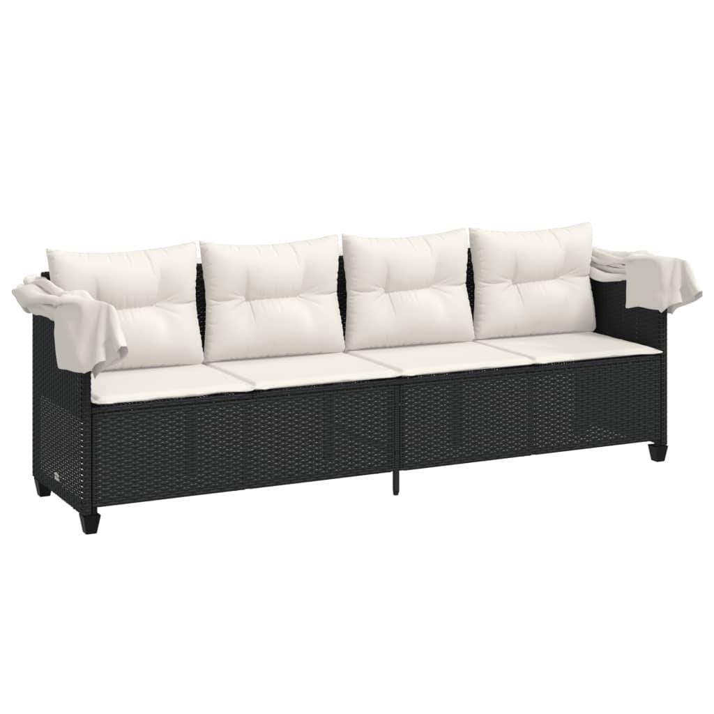 vidaXL Sonnenliege mit Dach und Kissen Schwarz Poly Rattan