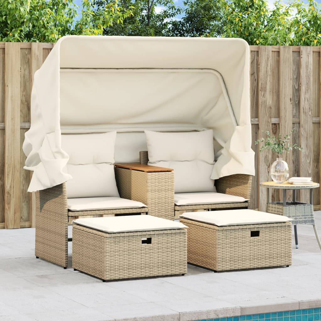 vidaXL Gartensofa 2-Sitzer mit Dach und Hockern Beige Poly Rattan