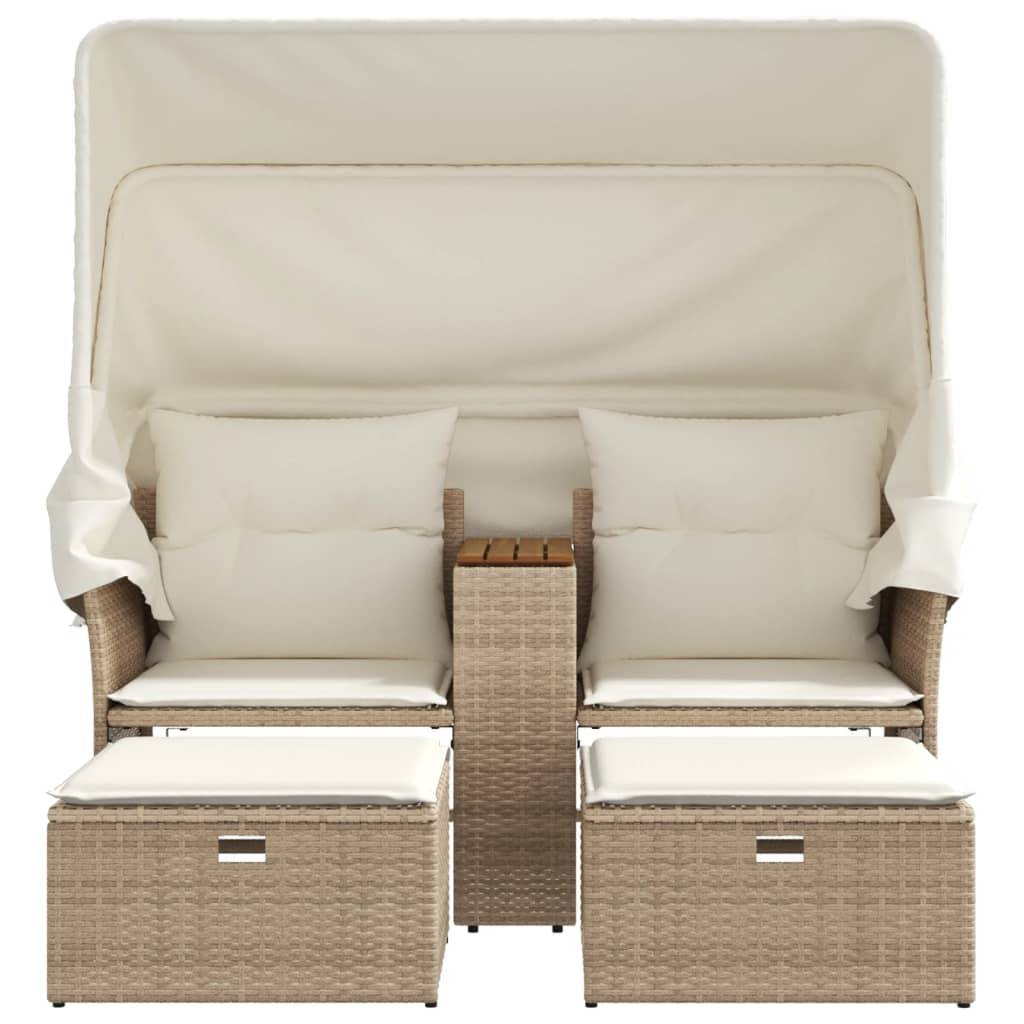 vidaXL Gartensofa 2-Sitzer mit Dach und Hockern Beige Poly Rattan