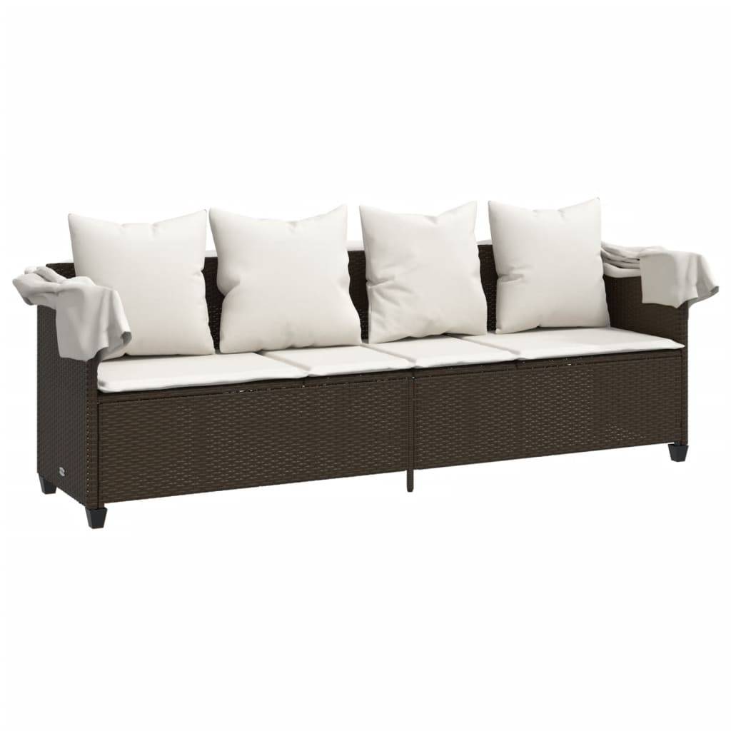 vidaXL Sonnenliege mit Dach und Kissen Braun Poly Rattan