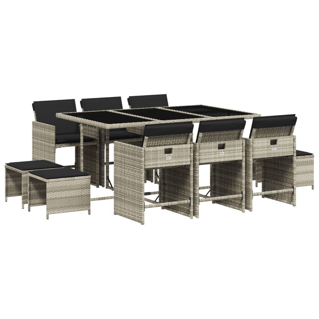 vidaXL 11-tlg. Garten-Essgruppe mit Kissen Hellgrau Poly Rattan