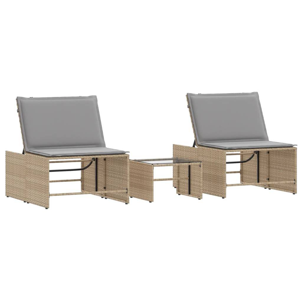 vidaXL Sonnenliegen 2 Stk. mit Tisch Beige Poly Rattan