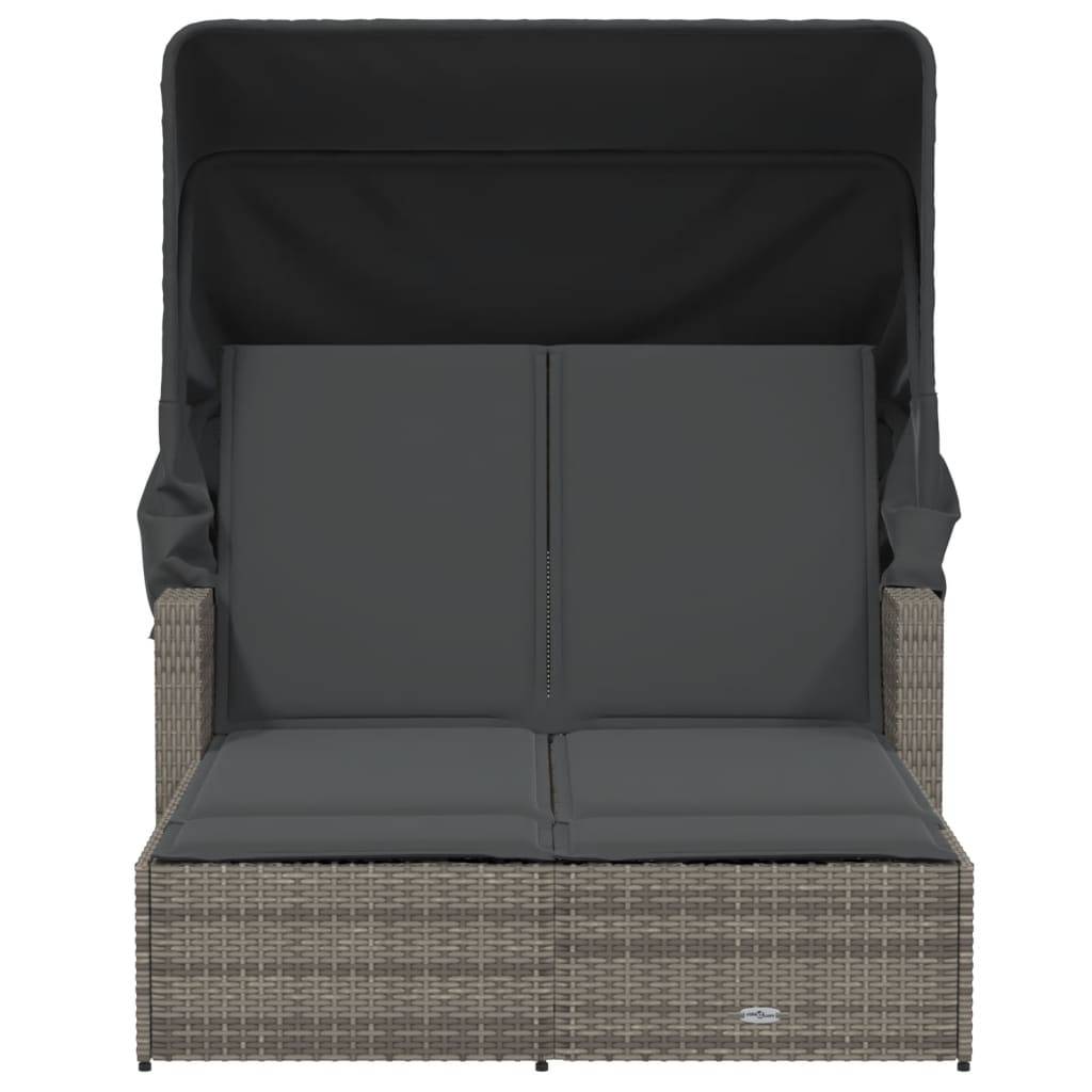 vidaXL Doppel-Sonnenliege mit Dach und Auflagen Grau Poly Rattan