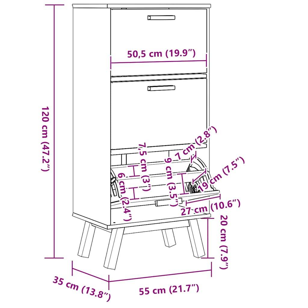 vidaXL Schuhschrank OLDEN Braun 55x35x120 cm Massivholz Kiefer
