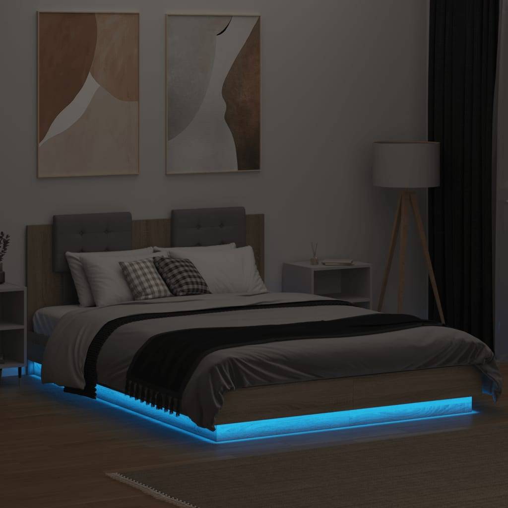 vidaXL Bettgestell mit Kopfteil & LED-Leuchten Sonoma-Eiche 140x200 cm