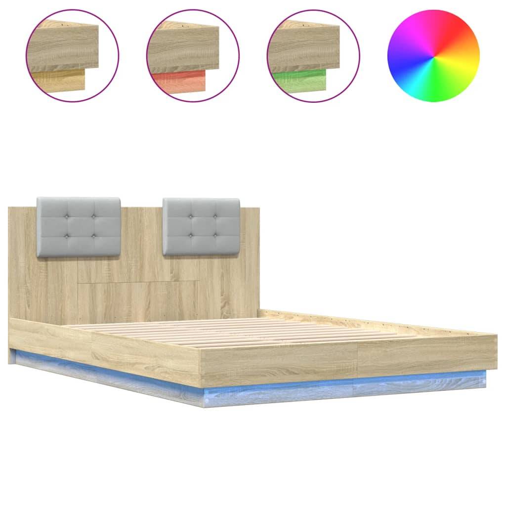 vidaXL Bettgestell mit Kopfteil & LED-Leuchten Sonoma-Eiche 140x200 cm